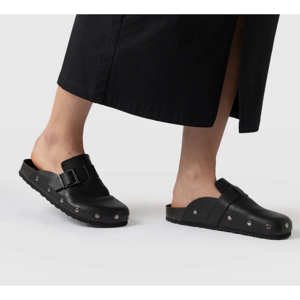 Saint + Sofia Leather Studded Clogs Women Black Buckle Pebble Grain Mules